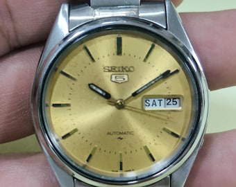 Reloj de pulsera antiguo Seiko 5 vintage automático con esfera dorada elegante para hombre, reloj de vestir de 37 mm 003