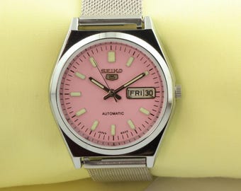 vintage beautiful Seiko 5 automatic pink retro dial Mens working wrist watch classic model 37.5mm