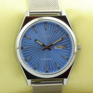 vintage Seiko 5 automatisch blauwe sunburst geweldige wijzerplaat werkend herenpolshorloge klassiek model 37,5 mm