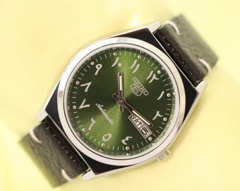 Reloj de pulsera Seiko 5 de cuerda automática con esfera retro verde para hombre, modelo clásico, 37,5 mm, automático.
