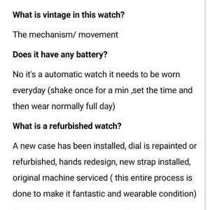 K&ouml;nnte beinhalten: Text auf wei&szlig;em Hintergrund liefert Fakten &uuml;ber eine Uhr. Fragen sind, ob die Uhr original ist, was Vintage ist, ob sie eine Batterie hat und was &uuml;berholt wurde. Antworten werden gegeben.