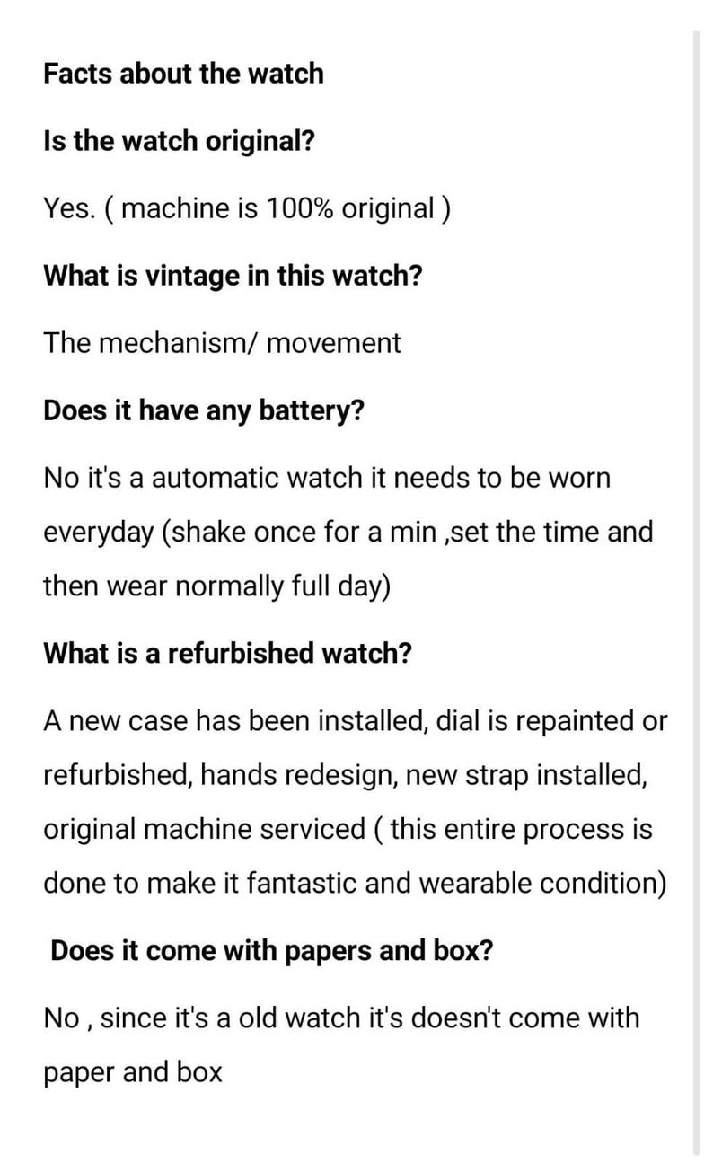 K&ouml;nnte beinhalten: Text auf wei&szlig;em Hintergrund liefert Fakten &uuml;ber eine Uhr. Fragen sind, ob die Uhr original ist, was Vintage ist, ob sie eine Batterie hat und was &uuml;berholt wurde. Antworten werden gegeben.