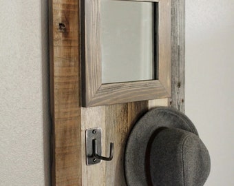 Reclaimed Barnwood Mirror with Hooks | Rustic Entryway Organizer