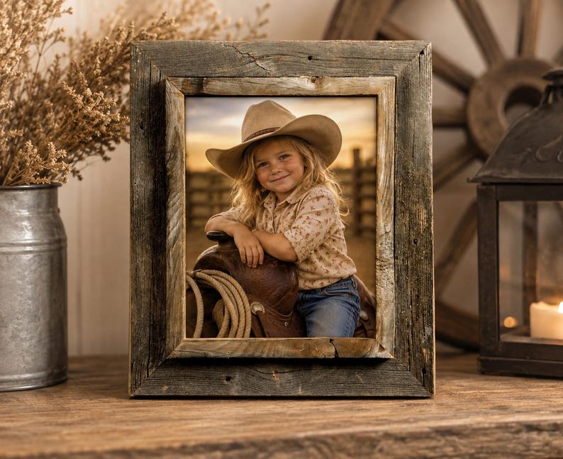 May include: A rectangular picture frame crafted from weathered, dark brown reclaimed wood with a visible grain. The frame holds a photograph of a child wearing a tan cowboy hat, a light-colored patterned shirt, and blue jeans, leaning on a leather saddle.