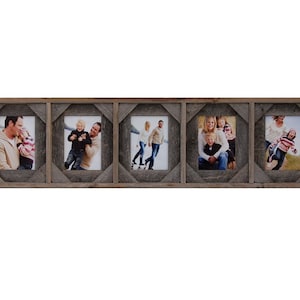 May include: A rustic wood picture frame with five openings for photos. The frame is made of reclaimed wood and has a distressed finish. The frame is perfect for displaying family photos or other special memories.