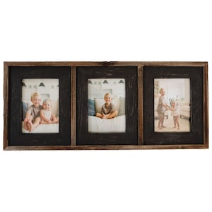 May include: A rustic wooden picture frame with three openings, each displaying a photo of children. The frame has a dark brown finish and a distressed look.
