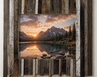 May include: A rectangular framed landscape photograph featuring a mountain range, lake, and sunset. The frame is constructed of weathered, reclaimed wood in shades of gray, brown, and white. The photograph captures the natural beauty of the scene.