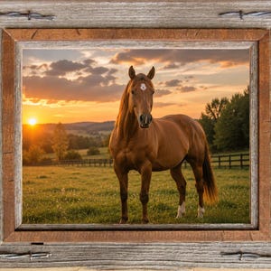 May include: A framed print of a brown horse standing in a field at sunset. The horse has a white marking on its forehead. The frame is made of weathered wood with barbed wire accents. The background features a vibrant sunset over a rural landscape.