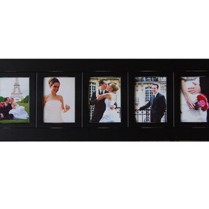 May include: Black picture frame with five openings for photos. The frame is made of wood and has a distressed finish. The photos show a couple getting married in Paris, France.