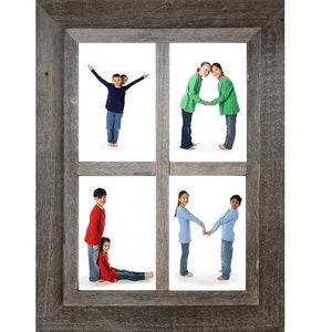 May include: Four children pose to spell the word "FILM" in a rustic wood frame with four windows. The children are wearing casual clothing and are standing on a white background.