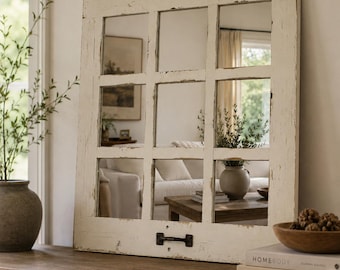 Espejo de ventana de madera de granero blanca / Estilo rústico de casa de campo con 9 paneles