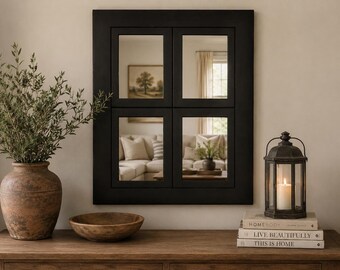 Rustic Windowpane Mirror – Farmhouse Wall Mirror with 5x7 Panes | Reclaimed Barnwood Bathroom or Entryway