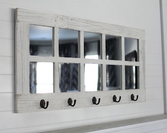 Barnwood Windowpane Mirror with Coat Hooks | Rustic Entryway Decor