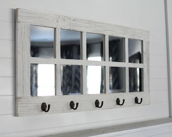 Windowpane Mirror with Coat Hangers - 10 Panes