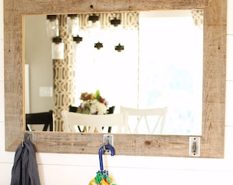Rustic Barnwood Mirror with Iron Hooks – Farmhouse Entryway Organizer