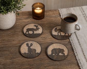 Wildlife Coasters Set – Handmade Animal Drink Coasters, Cabin Decor