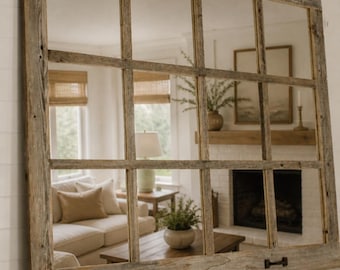 Reclaimed Barnwood Window Mirror - 12 Pane Rustic Farmhouse Decor