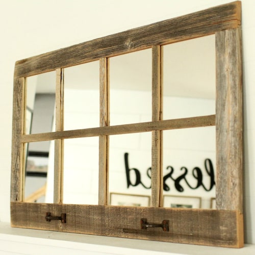 Large White Farmhouse Window Pane Mirror With 2 Black Shutters Etsy