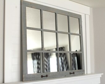 Rustic Gray 12-Pane Window Mirror | Farmhouse Wall Mirror | Fieldhouse Style Home Decor