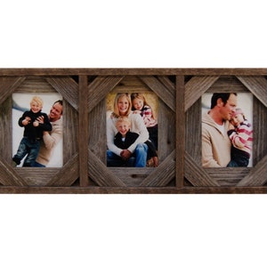 May include: A rustic wooden picture frame with three openings, each featuring a different family photo. The frame has a distressed brown finish and a unique criss-cross design.