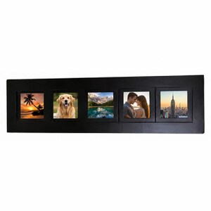 May include: A black multi-photo frame with five square openings. Each opening contains a different photograph: a sunset, a dog, a mountain lake, a couple, and a city skyline. The frame is rectangular and made of a dark material.