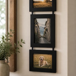 May include: A black, three-frame wall hanging with landscape and portrait photos. The top frame shows a tree at sunset, the middle a European street, and the bottom a golden retriever. A wooden bowl and books are on a nearby table.