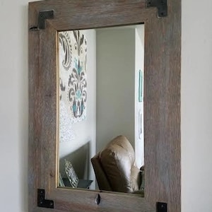 Sweetwater Rustic Wood Mirror with Metal Brackets – Farmhouse Wall Decor, Distressed Cedar Framed Mirror, Handmade in USA