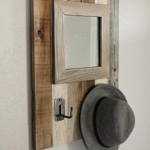 Coat Rack Mirror - Rustic Entryway Organizer with Hooks - Reclaimed Wood Wall Decor