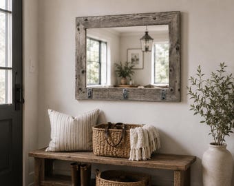 Rustic Barnwood Mirror with Iron Hooks – Entryway Coat Rack