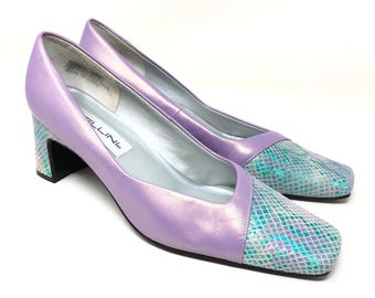 Vintage Bellini Women's 10 Pumps Purple Iridescent Snake Print Leather Heels