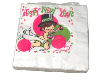 Vintage Happy New Year Papierservietten Baby Rosa Grün Reed 20 Count New NIP