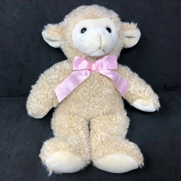 Wishpets Yadison Plush Lamb Beige Sheep Pink Bow 14" Stuffed Lovey VTG 1998