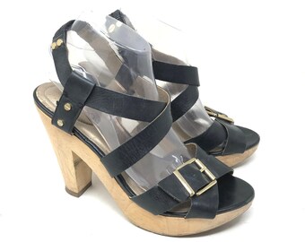 VTG Wooden Sandals Me Too Womens 8.5M Ebony Leather Black Wood Heel Buckle