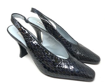 Vintage Bellini Womens 10 Caprice Heels Black Faux Snake Skin Slingback Pump