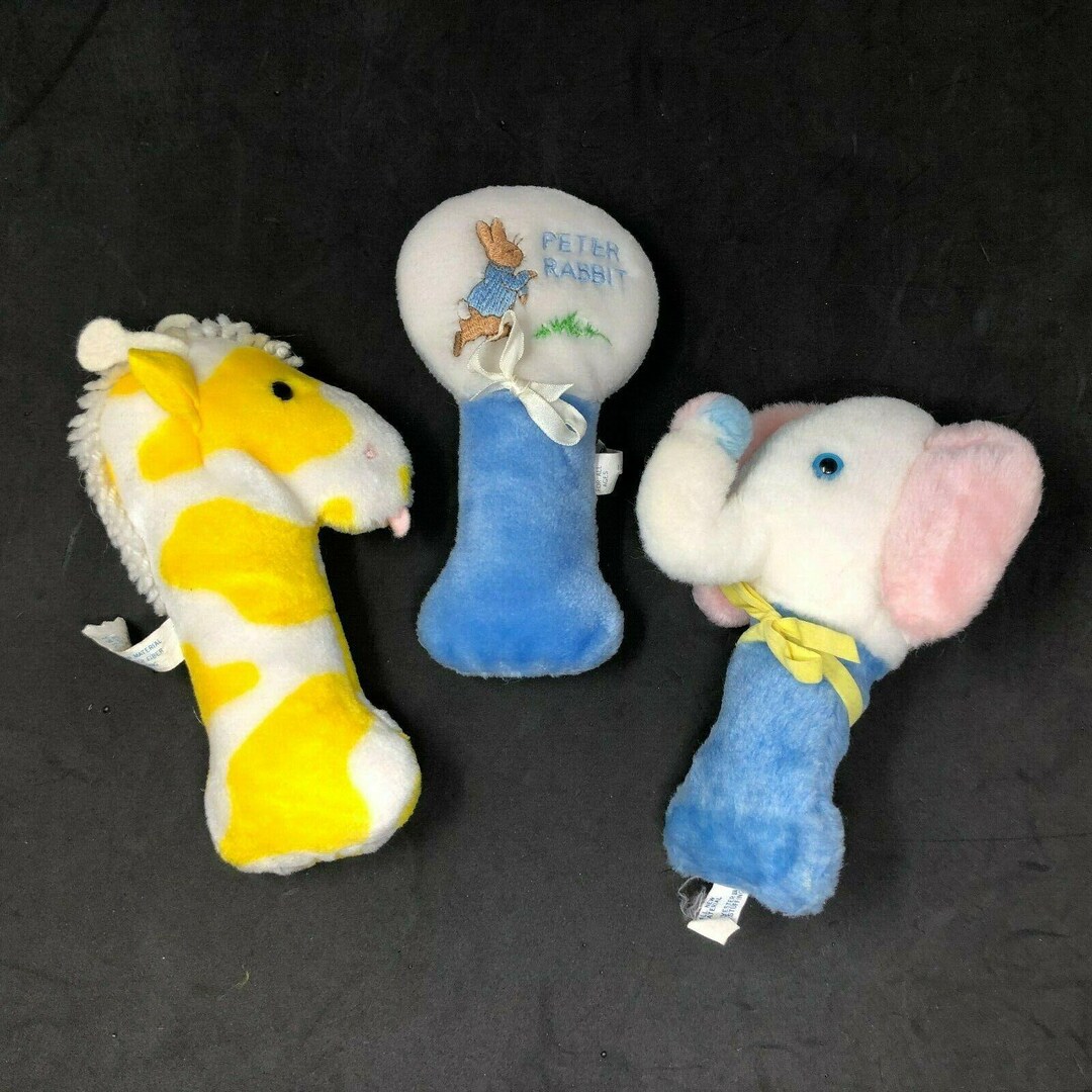 Eden Plush Rattle Lot of 3 Peter Rabbit Blue Elephant Yellow Giraffe ...