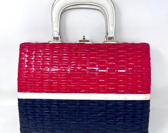 Vintage Plastic Woven Wicker Purse Tote Bag 60s 70s Mod Red Blue Retro Case