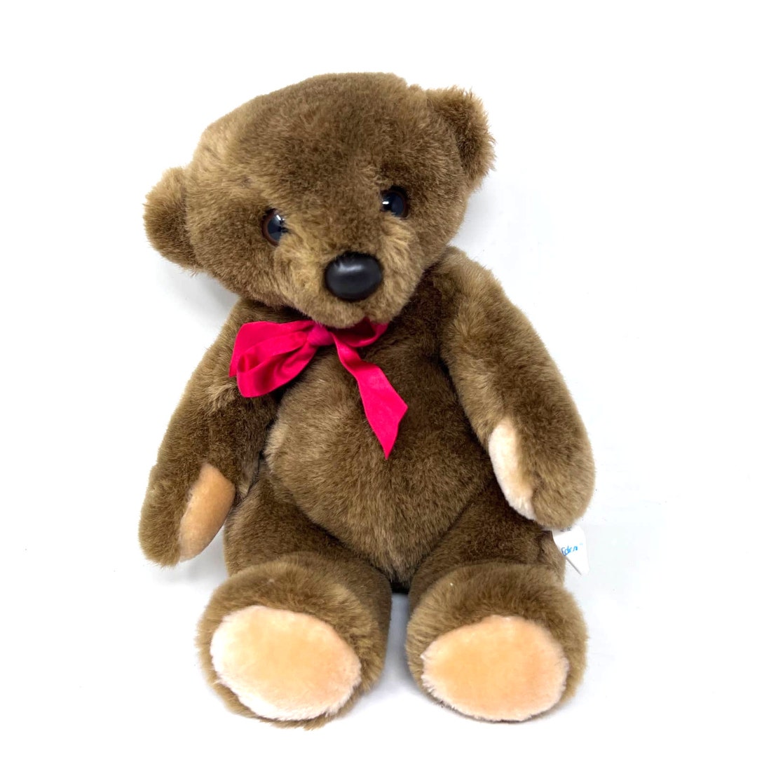 Eden Vintage Teddy Bear Plush Brown Tan 11" Lovey Red Satin Bow Korea ...