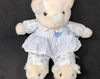 Toys R Us White Teddy Bear Plush 13" Blue Stripe Floral Slippers Bow VTG 1993