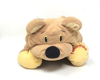 Oso de peluche vintage Fisher Price Rumple, color marrón claro y amarillo, 1993, peluche flexible.