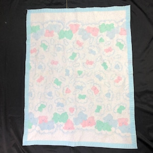 Vintage Cuddle Time Baby Blanket Sleeping Teddy Bear Cloud Pastel Blue Trim