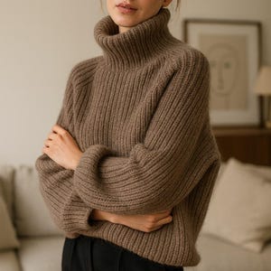 Puede incluir: Un jersey de cuello alto marrón de punto acanalado. El jersey tiene un cuello alto y doblado y mangas largas. La modelo lleva pantalones negros. El jersey parece estar hecho de un material suave y cálido, perfecto para el clima fresco.