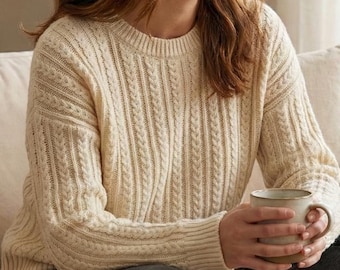 Cable Rib Sweater Knitting Pattern, Classic Crewneck Pullover, Textured Vertical Cables Knit Sweater PDF