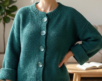 Textured Knit Cardigan Pattern, Simple Buttoned Sweater, Easy Everyday Cardigan, Women Jacket, Knitting PDF