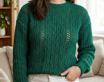 Cable Rib Sweater Knitting Pattern, Textured Crewneck Pullover, Fitted Knit Sweater PDF