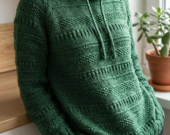 Patrón de suéter con capucha de punto, suéter con capucha acogedor, blusa de punto texturizada, PDF de tejido para mujer
