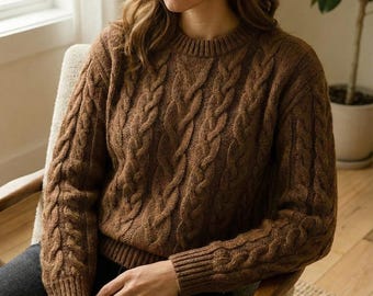 Cable Knit Sweater Pattern PDF | Classic Aran Crewneck Pullover | Cozy Textured Knit Jumper