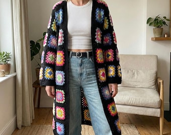 Patrón de crochet para cárdigan de abuela con cuadrados en PDF / Abrigo largo tipo patchwork / Chaqueta de crochet estilo bohemio colorido