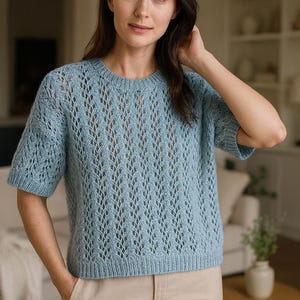 Puede incluir: Un suéter de punto azul claro de manga corta con un delicado diseño calado. El suéter tiene cuello redondo y se combina con pantalones beige. El estilo es casual y cómodo, adecuado para el uso diario.