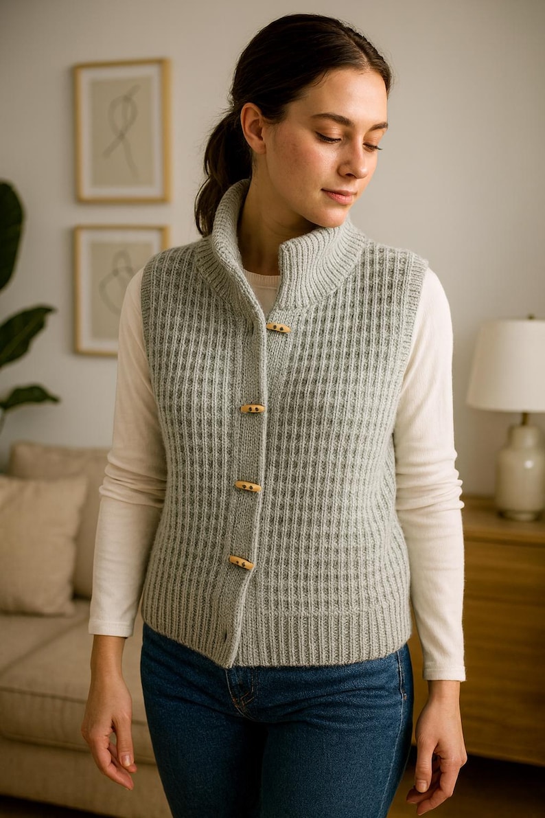 Pu&ograve; includere: Un gilet lavorato a maglia grigio chiaro con una trama a coste e un collo alto. Il gilet ha chiusure con bottoni in legno ed &egrave; indossato sopra una camicia bianca a maniche lunghe e jeans blu. Un capo elegante.