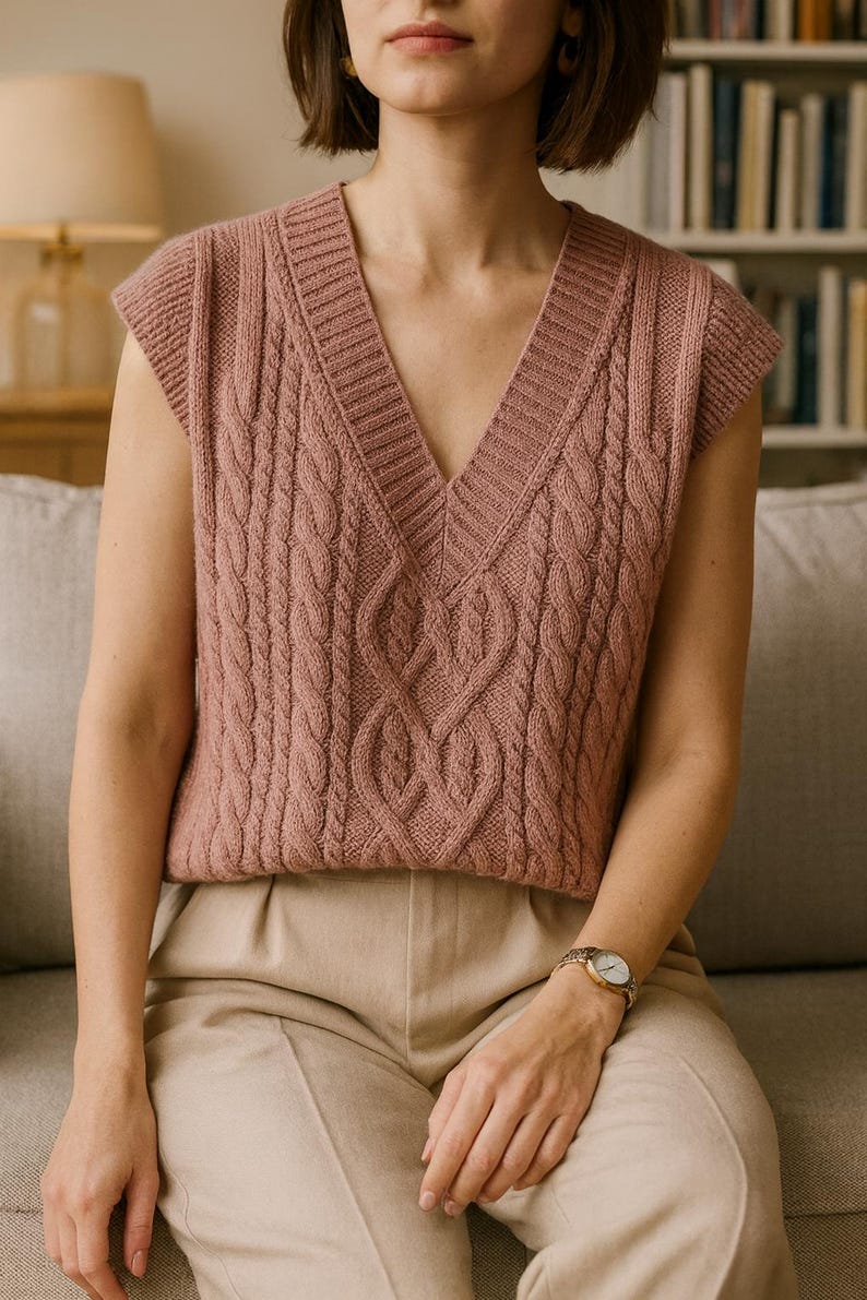 “Close-up of braided cable stitches on a handmade green knitted vest.”